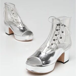 💕CHANEL Silver Leather Chain Transparent Open Toe Ankle Boots